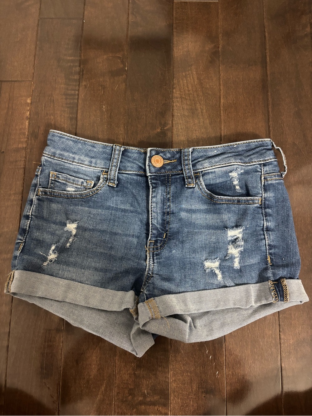 Kohl's Women's Distressed Rolled Cuff Denim Shorts - Medium Blue